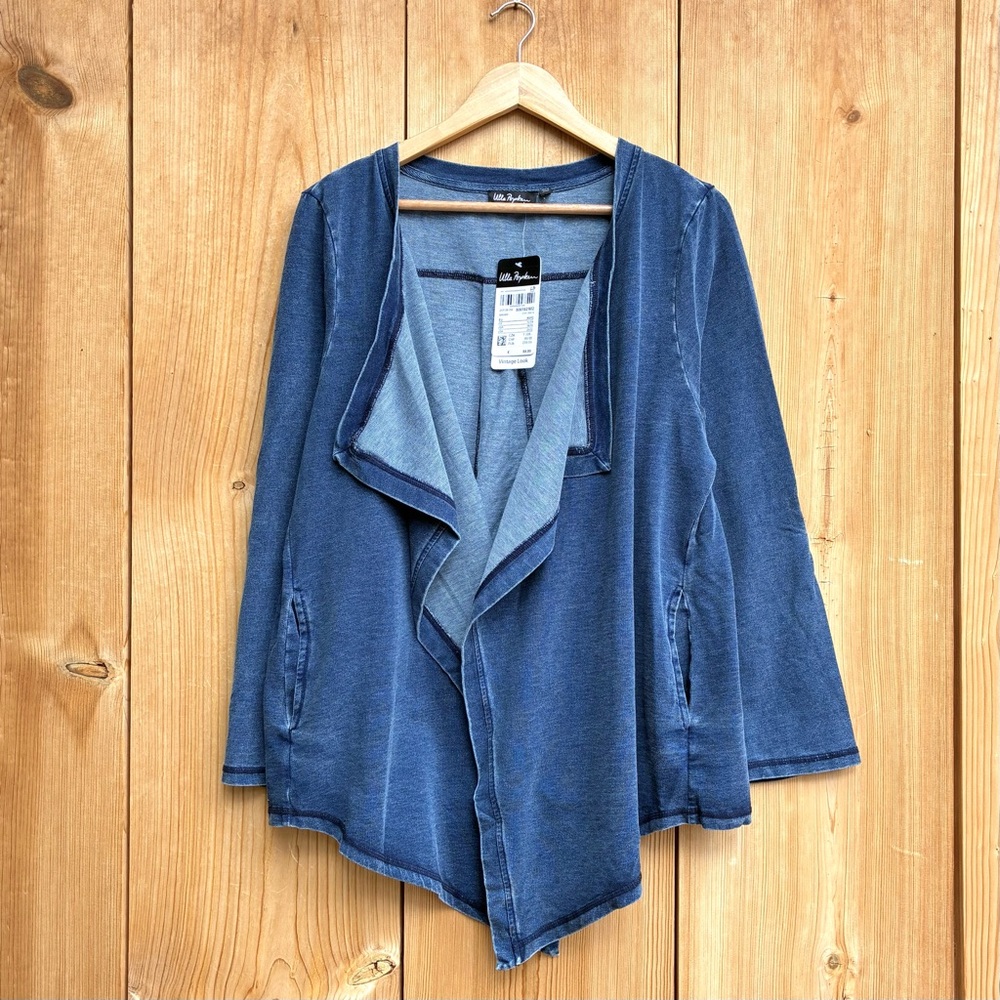 Ulla Popken NWT Blue Chambray Stretch Waterfall Cardigan Sz 20/22